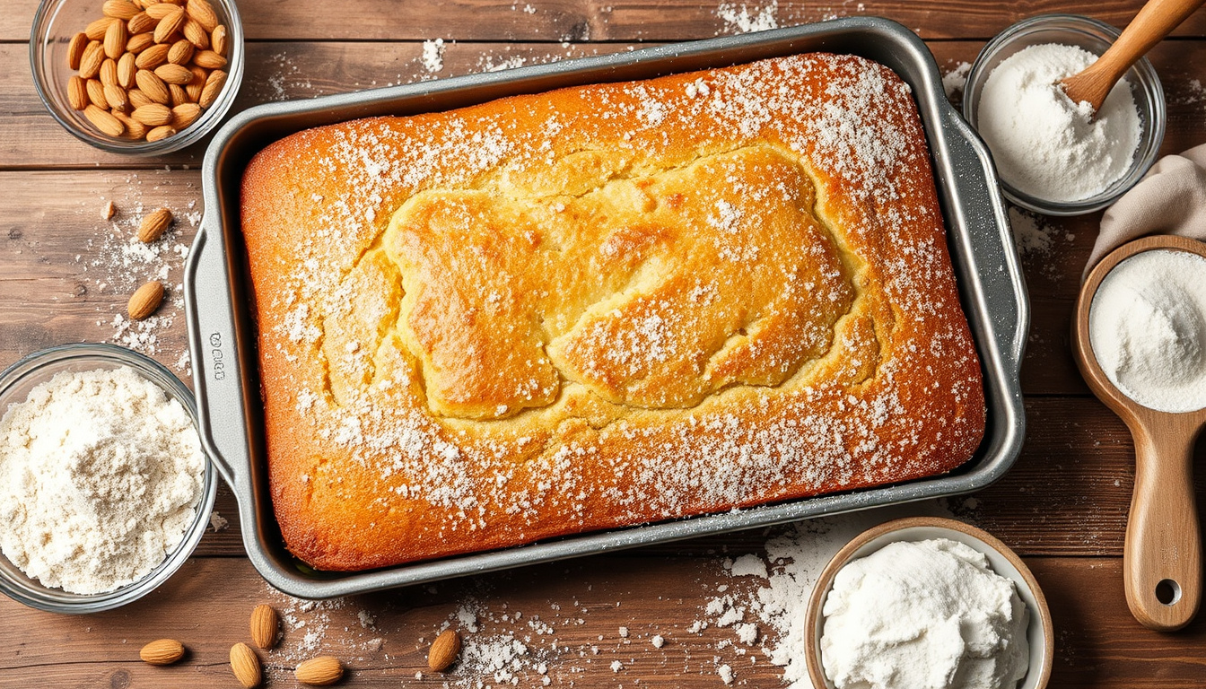 Mazarinkaka i långpanna utan mandelmassa – recept med mandelmjöl