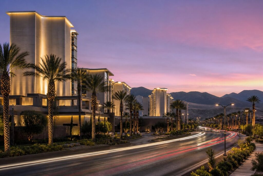 Gatuvy i Las Vegas i skymning med upplysta hotellbyggnader och ökenberg i bakgrunden, utan skyltar